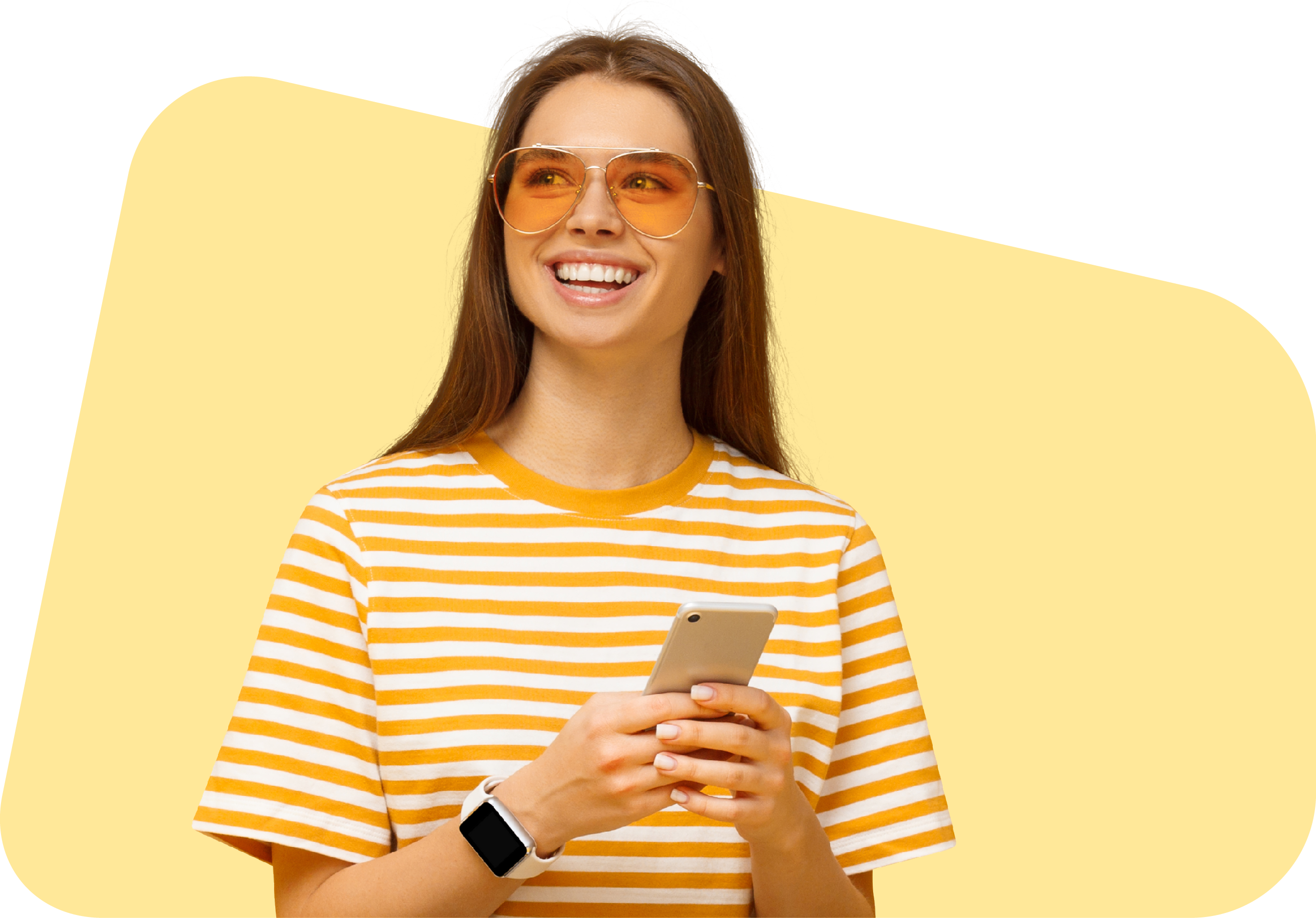 Smiling woman in striped tee and orange sunglasses, holding a phone, against a soft yellow shape