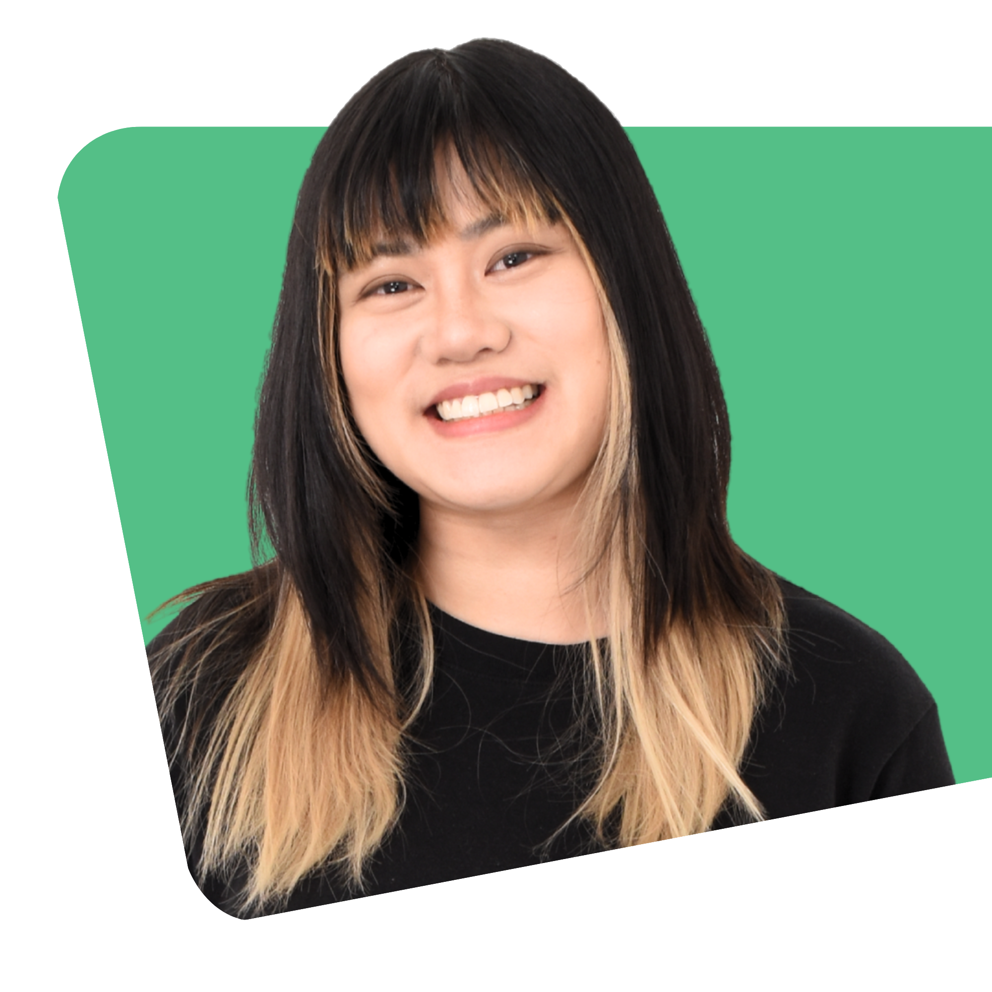 Smiling woman with bangs in a black tee on a green shape